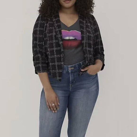 TORRID Blazer sz 2X Black White Plaid Print Blazer Open Front 3/4 Ruched Sleeve - Picture 1 of 12